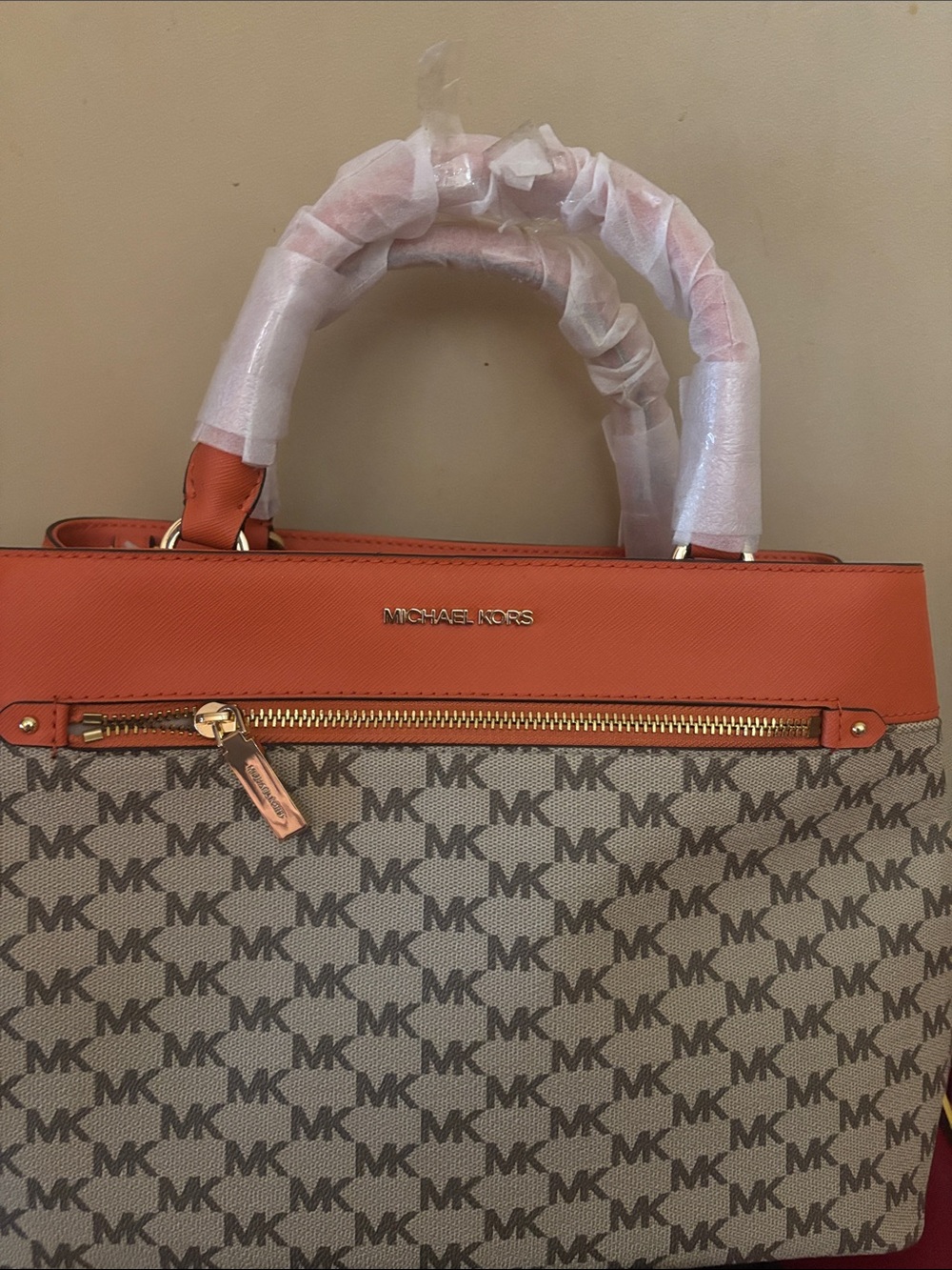 Michael Kors Orange and Beige MK Logo Top-Zip Tote